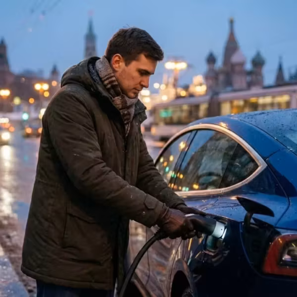 Мужчина заряжает электромобиль в дождливый вечер