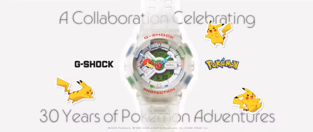 часы G-Shock GA-110PKM-7A с изображением Pikachu и логотипом Pokémon