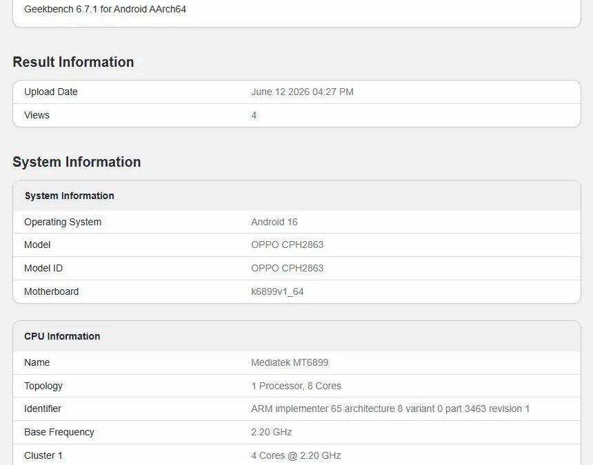 Тестирование Oppo Reno 16 Pro в Geekbench