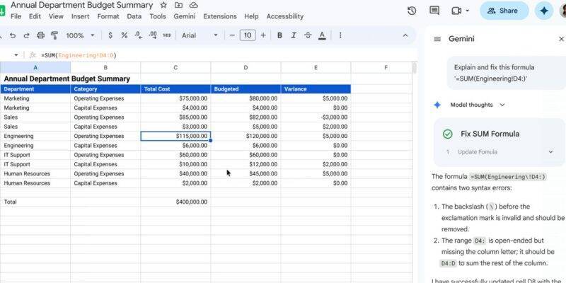 экрана Google Sheets с таблицей бюджета с формулой для суммы