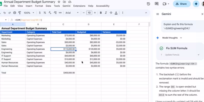 экрана Google Sheets с таблицей бюджета с формулой для суммы