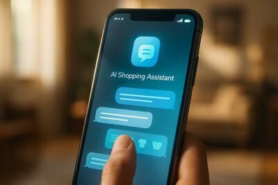 Мобильный телефон с приложением AI Shopping Assistant на экране