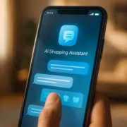 Мобильный телефон с приложением AI Shopping Assistant на экране