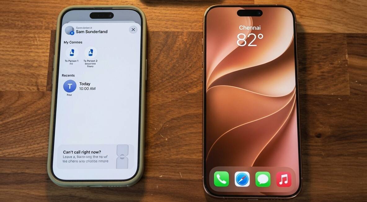 Два iPhone с отображением экрана и иконками