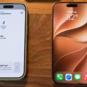 Два iPhone с отображением экрана и иконками