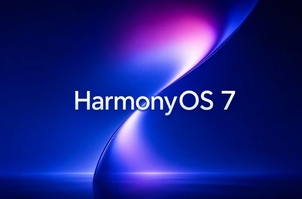 Экран с логотипом HarmonyOS 7 на синем фоне