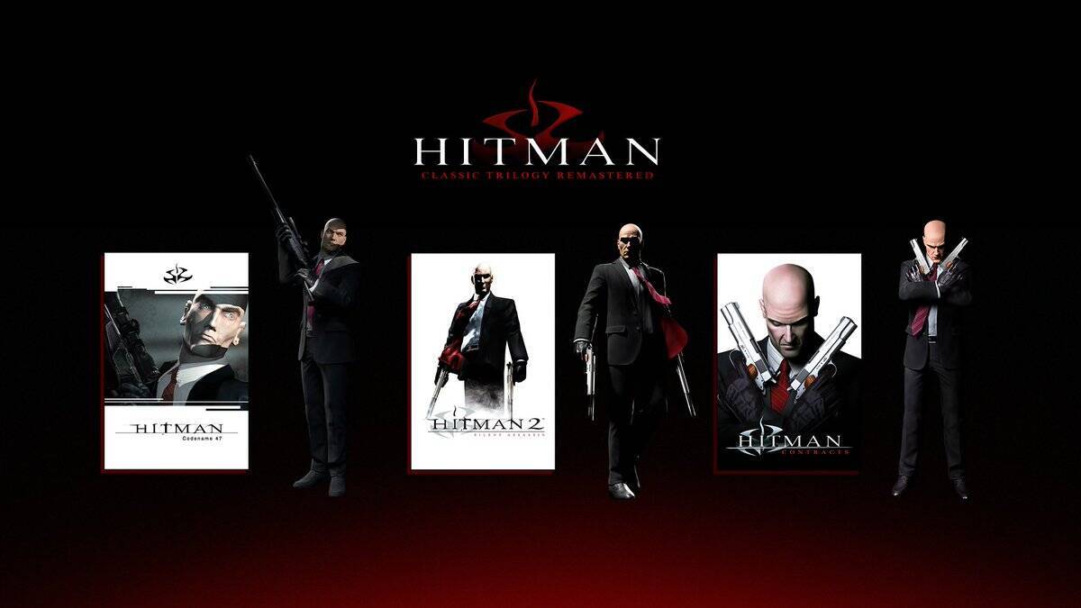 Обложки первых трёх игр серии Hitman Classic Trilogy Remastered у персонажа с оружием