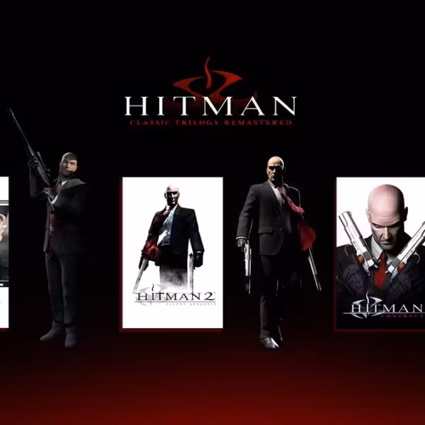 Обложки первых трёх игр серии Hitman Classic Trilogy Remastered у персонажа с оружием