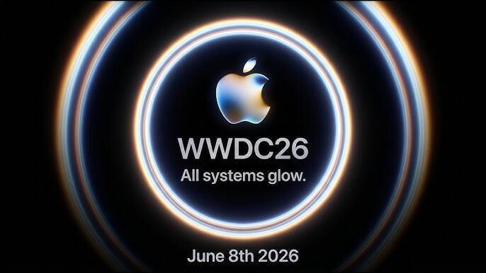Логотип Apple и круги светящихся колец в центре WWDC26