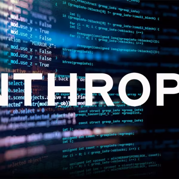 Фон с программным кодом и крупная надпись ANTHROPIC