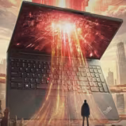 Леново ThinkPad P16s вылетает из экрана в городском пейзаже