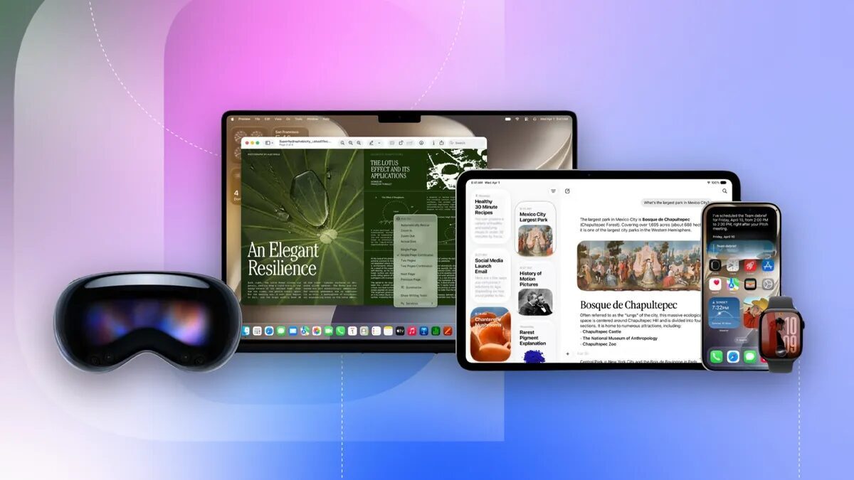 Множество устройств Apple с приложениями и аксессуарами Apple Intelligence 2026