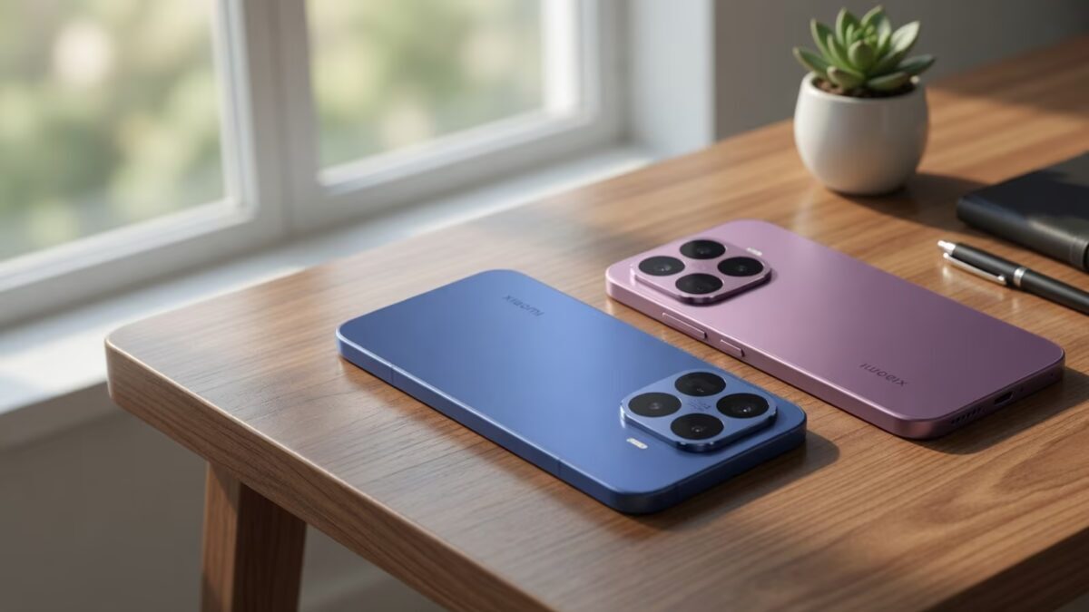 Два смартфона Xiaomi 17T на деревянном столе рядом с ноутбуком и ручкой