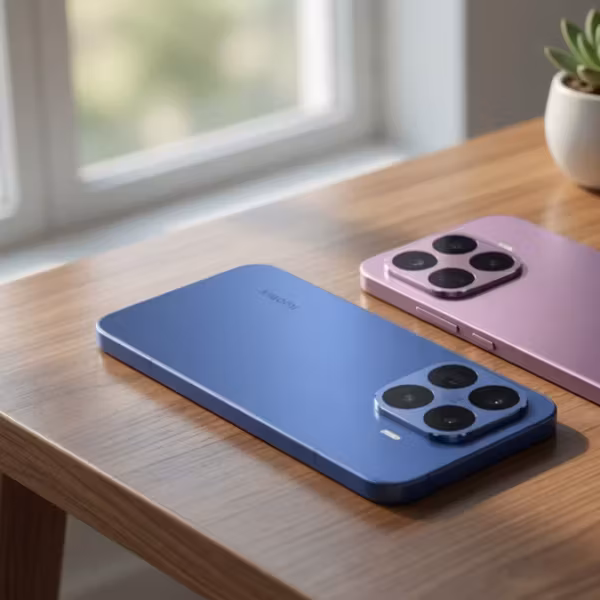 Два смартфона Xiaomi 17T на деревянном столе рядом с ноутбуком и ручкой