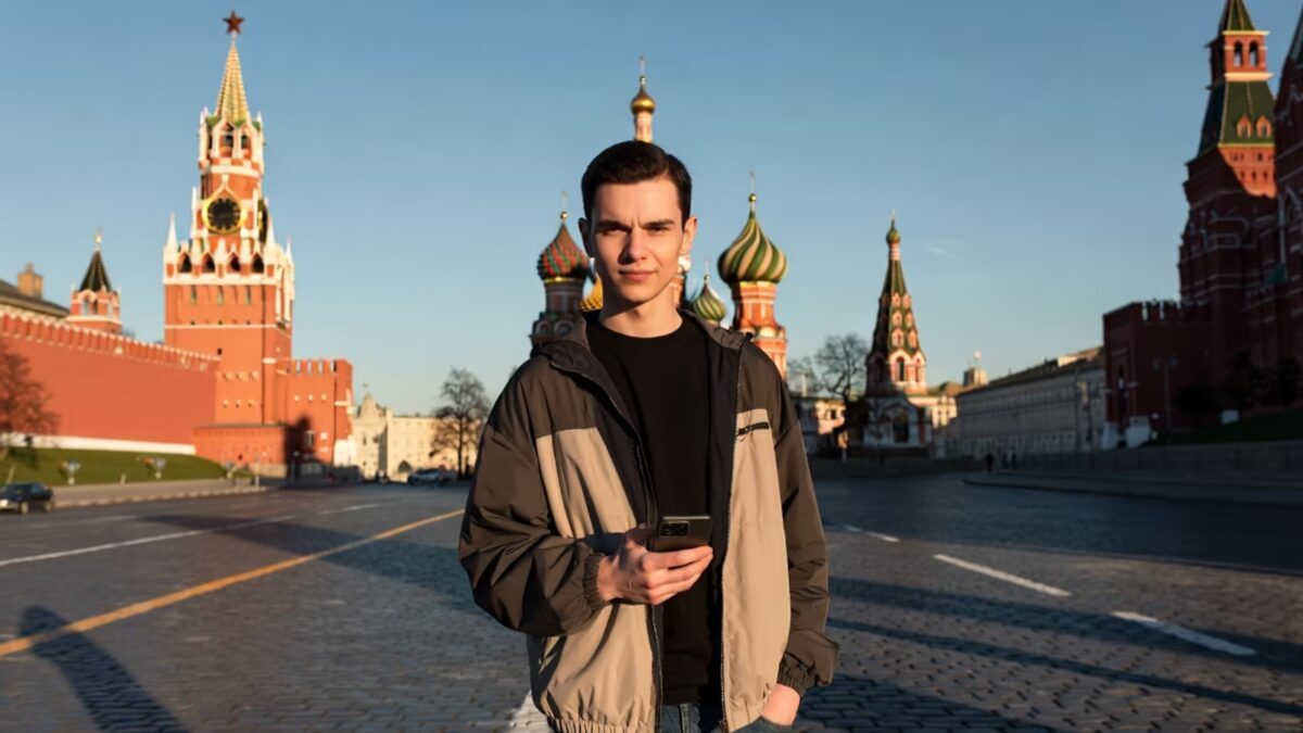 Молодой мужчина в куртке держит телефон на улице Кремль