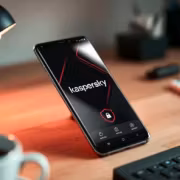 смартфон на фоне клавиатуры и лампы с логотипом Kaspersky прототип смартфона на собственной ОС
