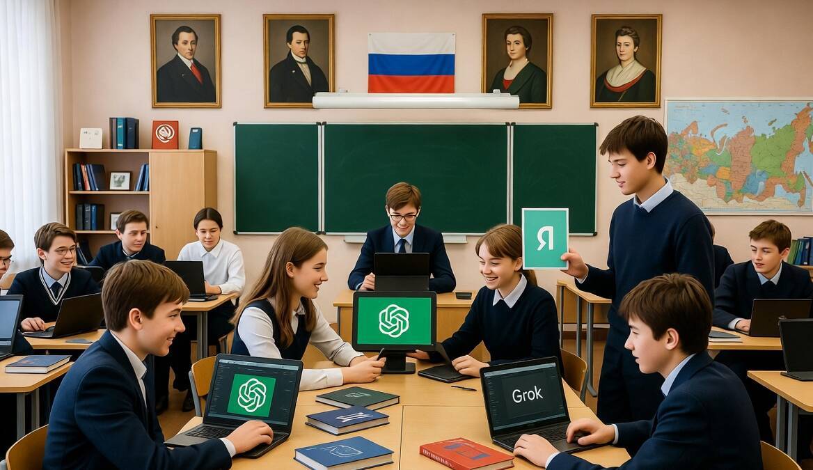 Школьники используют ИИ-ассистенты в классе Минцифры российский флаг