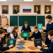Школьники используют ИИ-ассистенты в классе Минцифры российский флаг