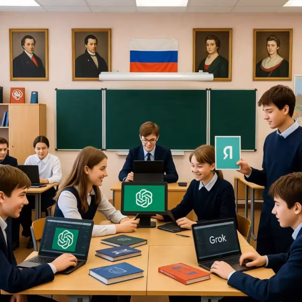 Школьники используют ИИ-ассистенты в классе Минцифры российский флаг