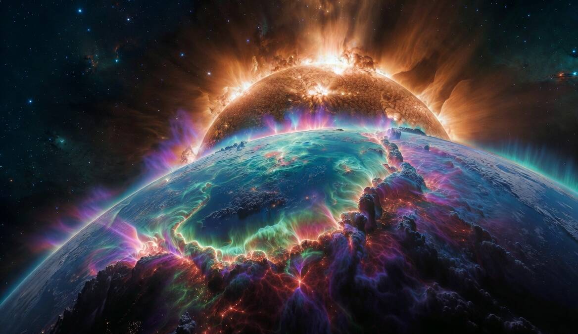 космическая сцена с планетой и солнечной вспышкой Магнитная буря 5-6 июня