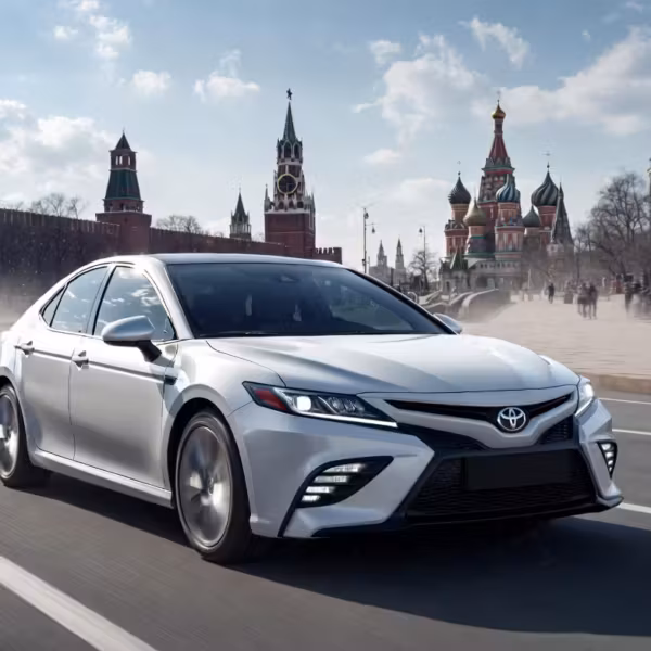 Седан Toyota Camry едет по улице в Москве