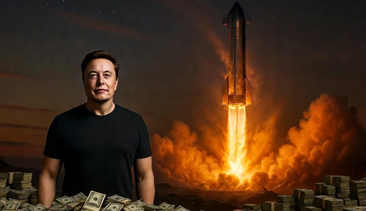 Человек стоит у куч денег на фоне взлета ракет SpaceX