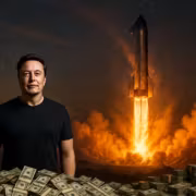 Человек стоит у куч денег на фоне взлета ракет SpaceX