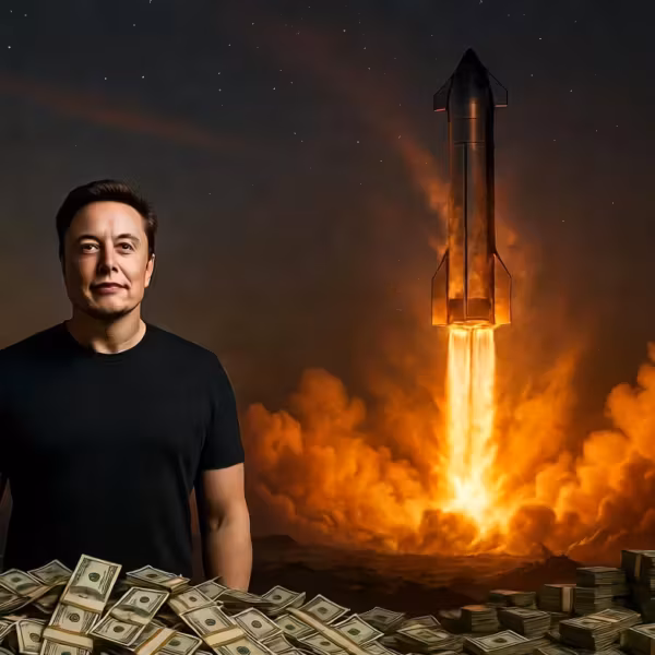 Человек стоит у куч денег на фоне взлета ракет SpaceX
