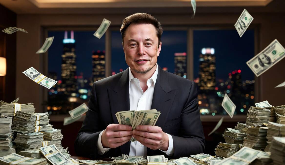 Мужчина в костюме с деньгами SpaceX высокая прибыль
