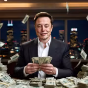 Мужчина в костюме с деньгами SpaceX высокая прибыль