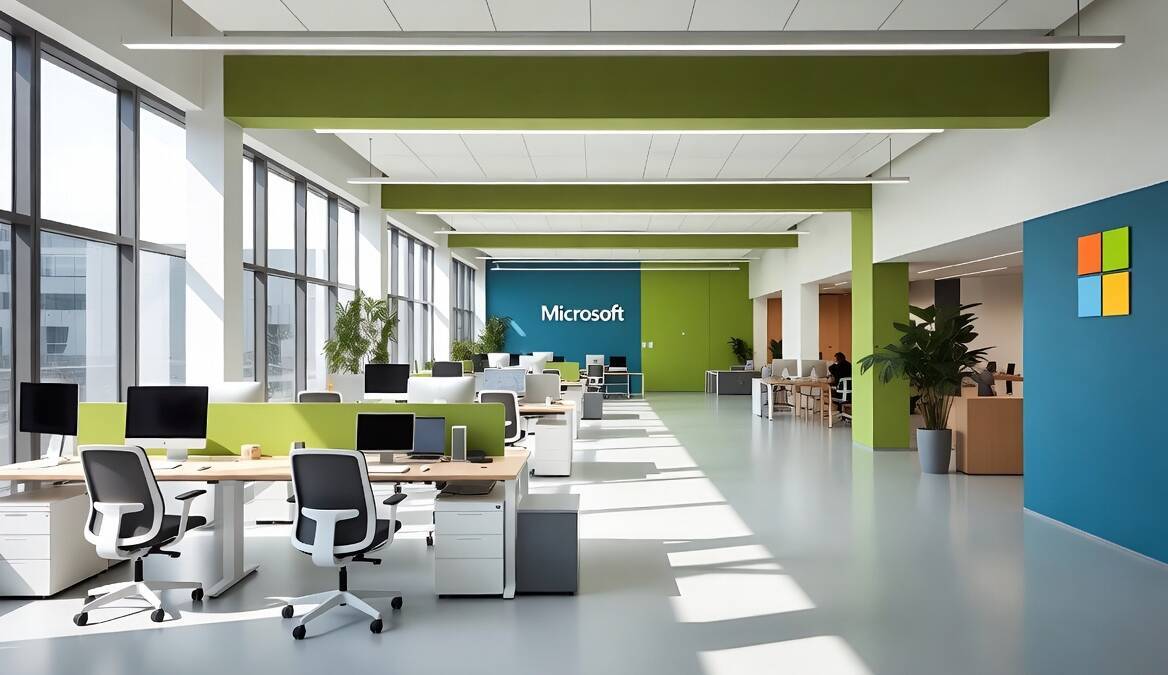 Офис Microsoft с рабочими столами и зонами для работы Microsoft Teams