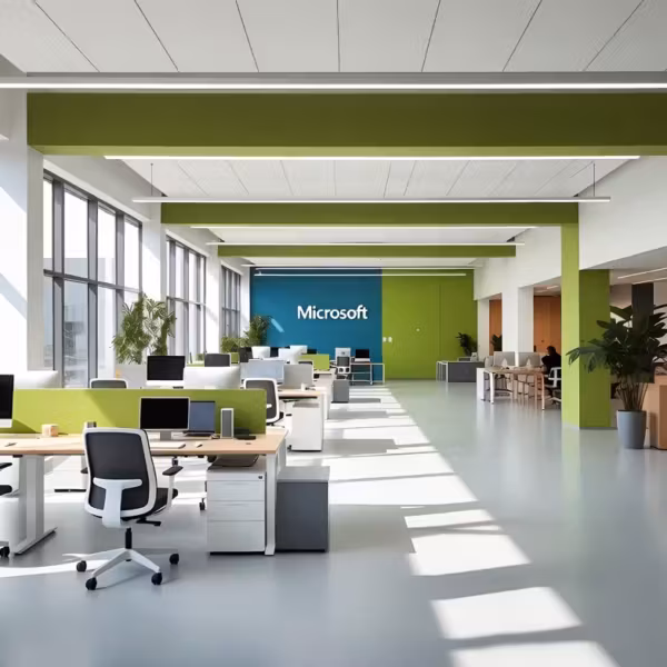 Офис Microsoft с рабочими столами и зонами для работы Microsoft Teams