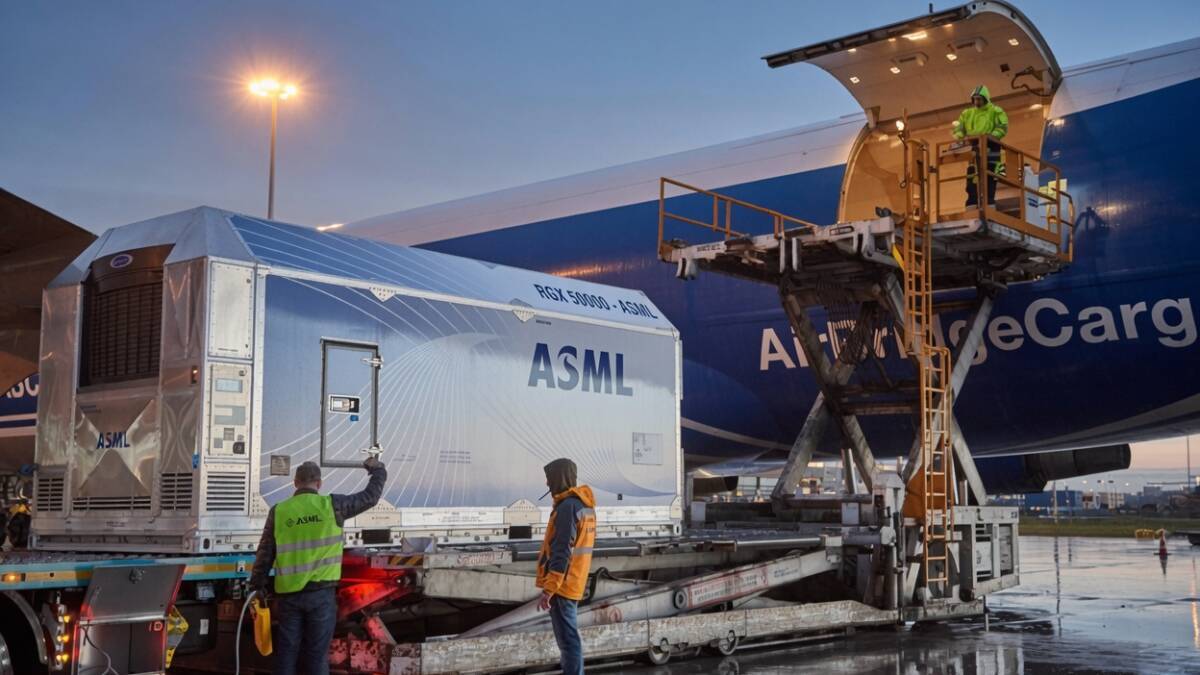 Работники возле грузовика для ASML и криогенного модуля