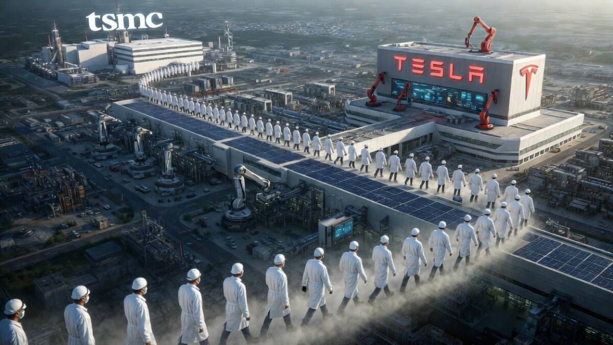 люди в белых халатах и касках идут по мосту с солнечными панелями Tesla