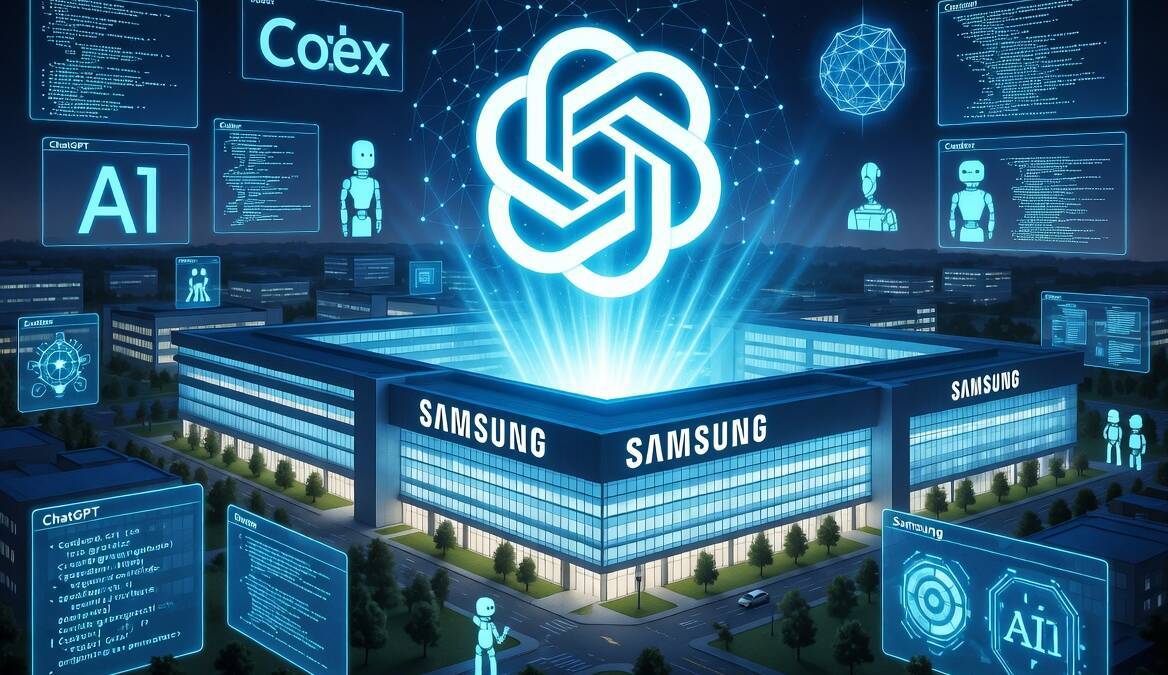 Облачный центр Samsung с графическими интерфейсами AI и ChatGPT среди зданий