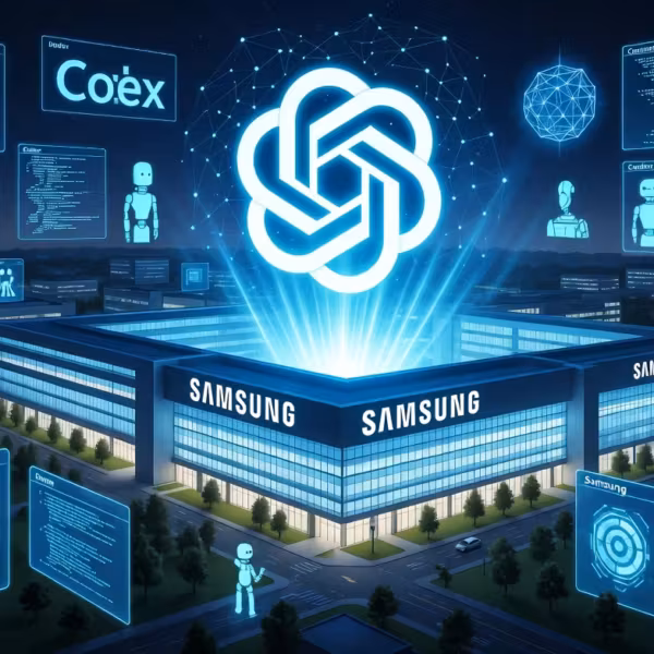 Облачный центр Samsung с графическими интерфейсами AI и ChatGPT среди зданий
