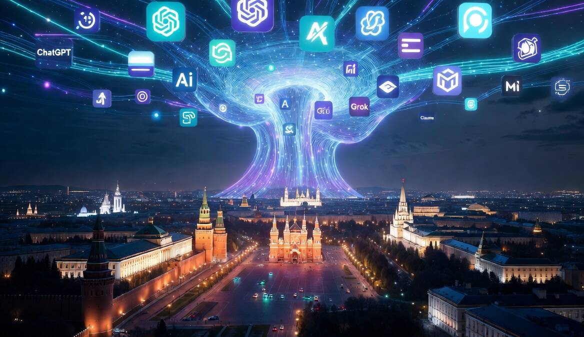 кибер-дерево с иконками ИИ и ChatGPT над Кремлём