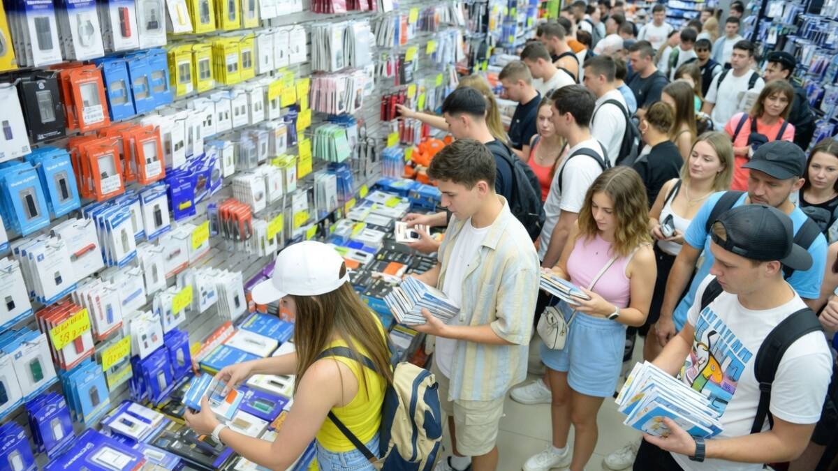 люди в магазине с USB накопителями и CD-дисками
