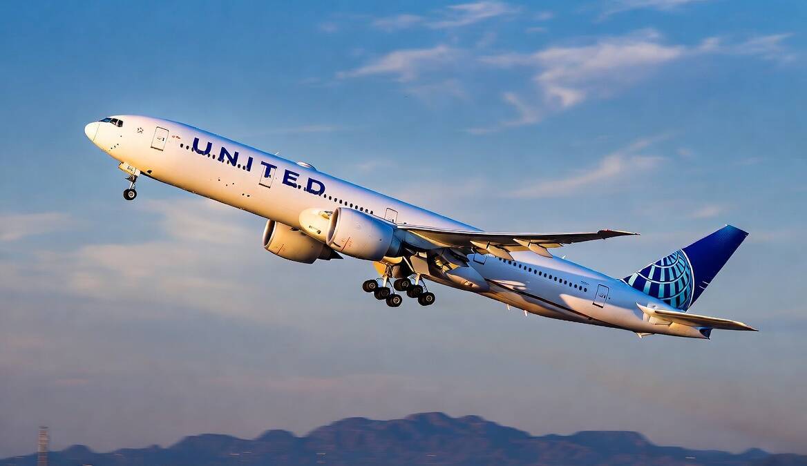 Самолет Boeing 777-200 с логотипом United Airlines в полёте
