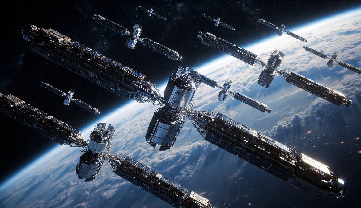 Множество космических спутников SpaceX Starlink в космосе