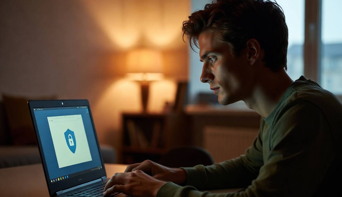 Мужчина работает за компьютером с иконкой VPN на экране