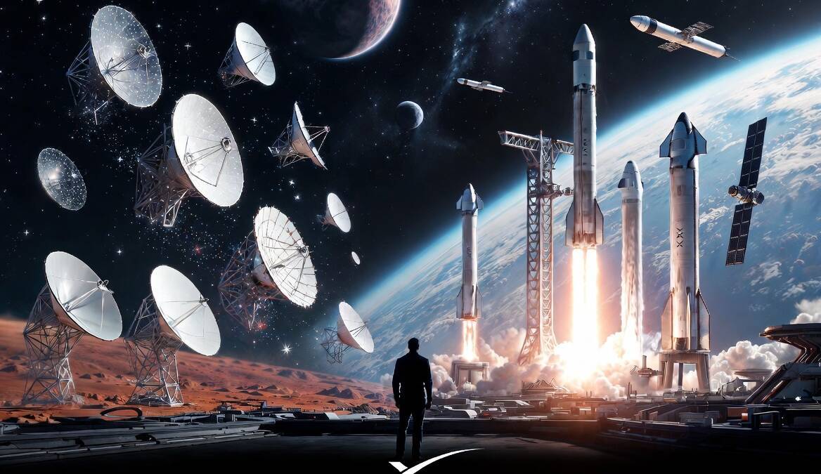 Космическая сцена ракеты SpaceX Starship и спутники