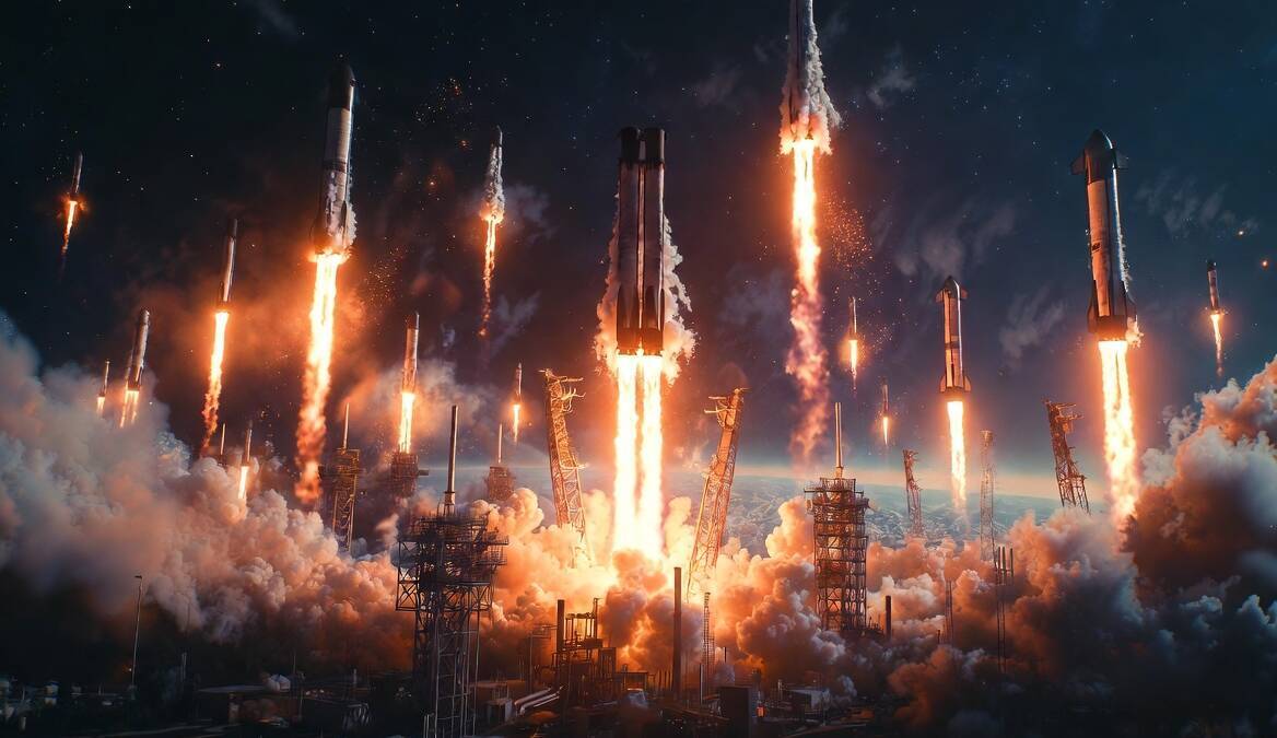 Запуск ракет SpaceX в космос в небе ночью