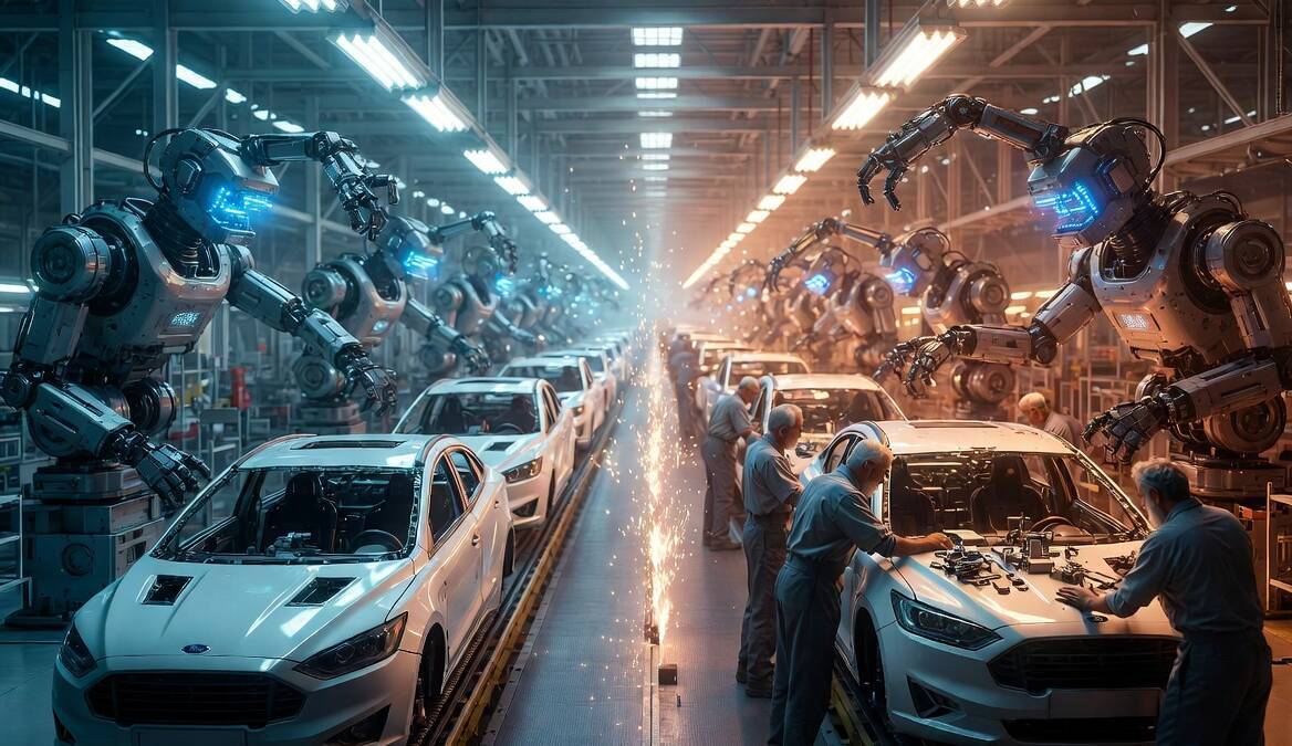 Автоматизированное производство автомобилей Ford роботами и рабочими