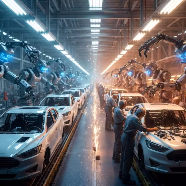Автоматизированное производство автомобилей Ford роботами и рабочими