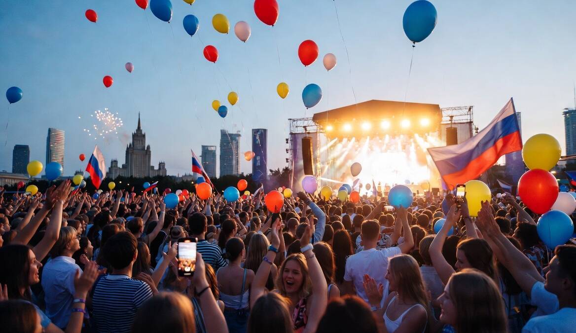 Массовая вечеринка с флагами и воздушными шарами