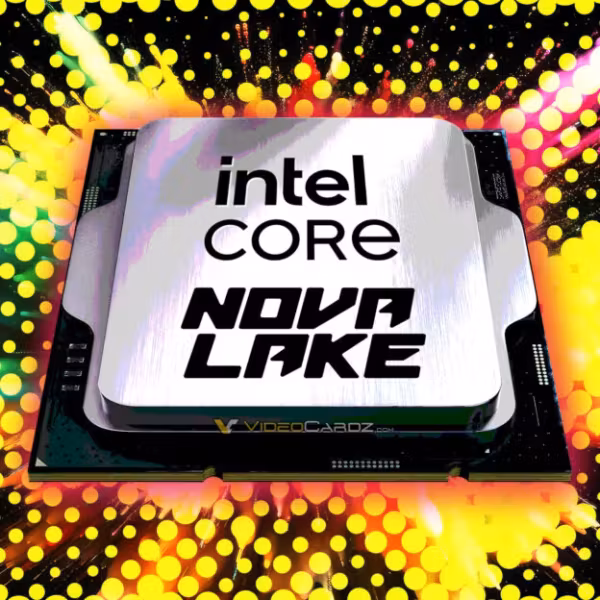 Процессор Intel Core Nova Lake с логотипом на металлической плате фона с яркими взрывами красочного шоу