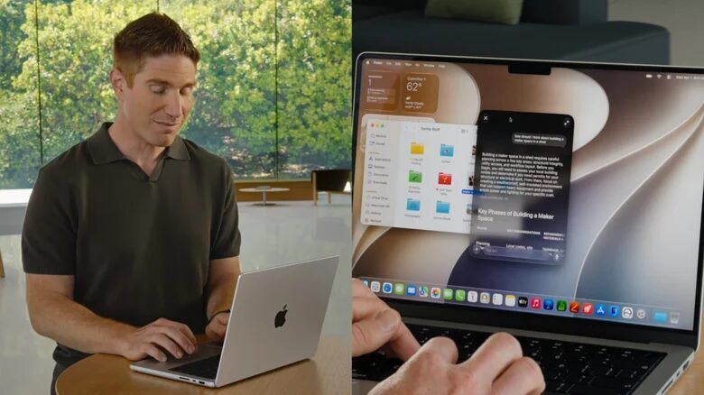 Мужчина с MacBook ищет ключевые идеи в Spotlight macOS