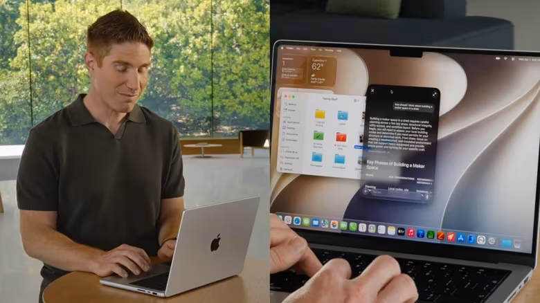 Мужчина с MacBook ищет ключевые идеи в Spotlight macOS