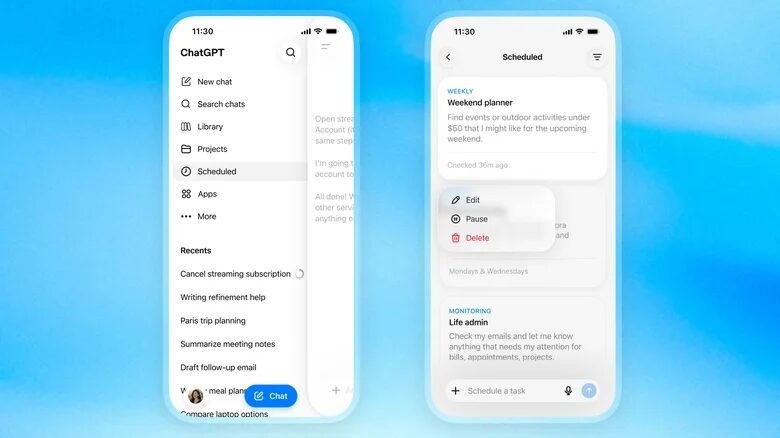 Экран приложения ChatGPT с центром задач на iPhone